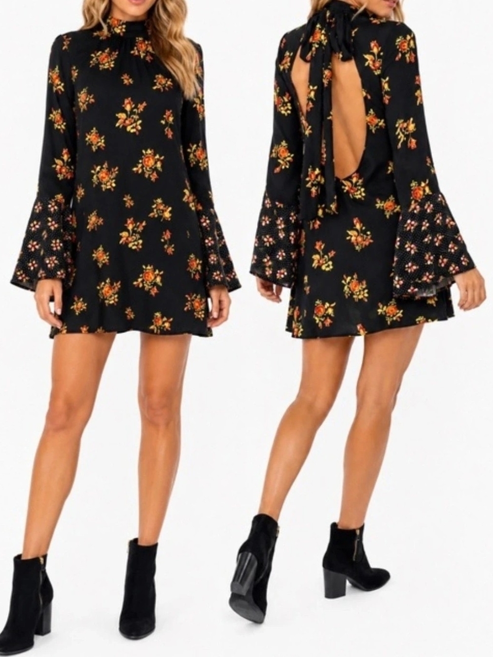 Free People Black Floral Open-Back Mini Dress
